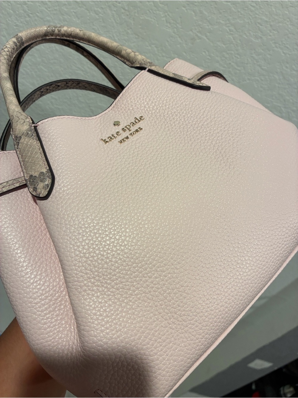 kate spade Pebbled Leather Satchel in Light Pink with Snakeskin-Trim Handles - Picture 5 of 11